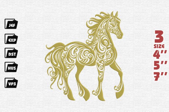 Majestic Golden Filigree Horse Embroidery Design
