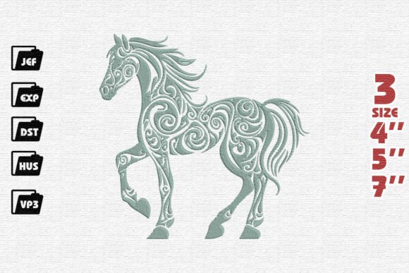 Ornate Prancing Horse Embroidery Design in Sage Green