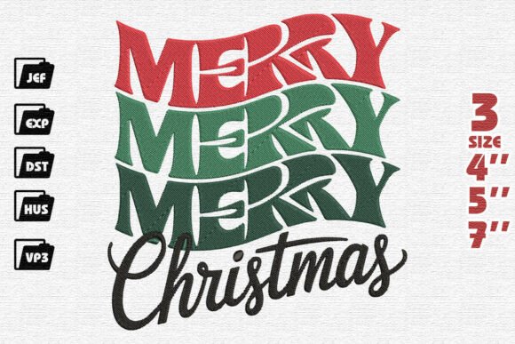 Retro Wavy Merry Merry Merry Christmas Embroidery Design