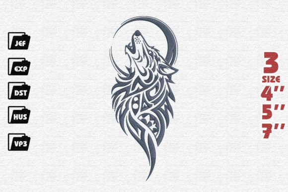 Tribal Howling Wolf and Moon Embroidery Design