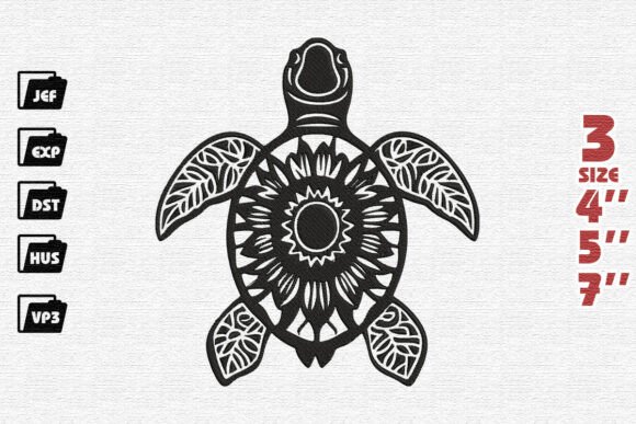 Tribal Sunflower Sea Turtle Embroidery Design