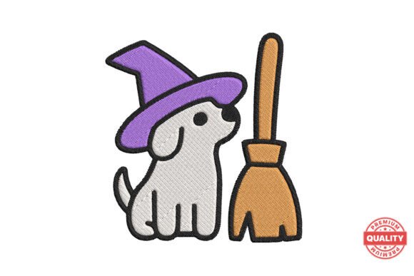 Witch Puppy with Broom Embroidery